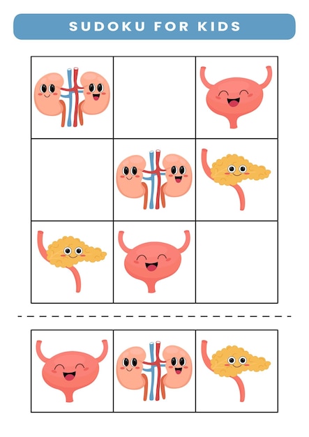 Sudoku voor kinderen met cartoon menselijke anatomie en orgelwerkblad voor kinderen