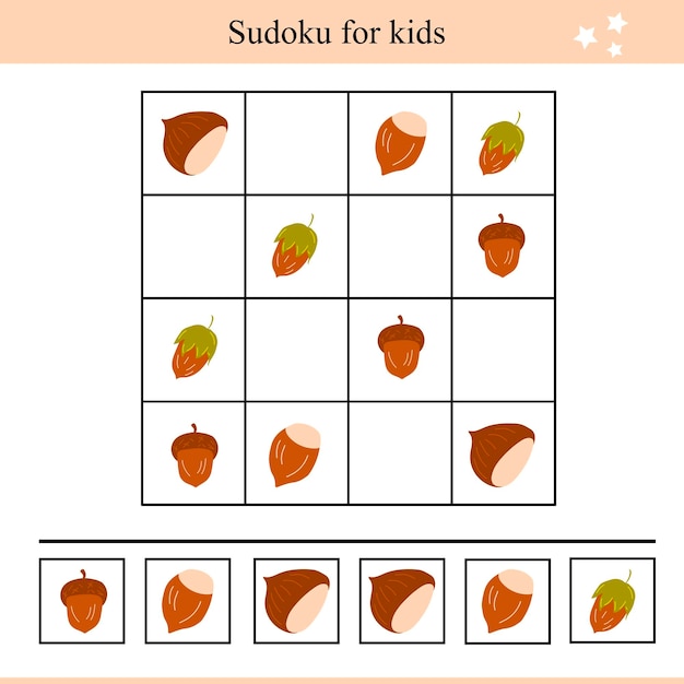 Sudoku voor kinderen met kastanjes, eikels en hazelnoten. Herfst educatief spel voor kinderen.