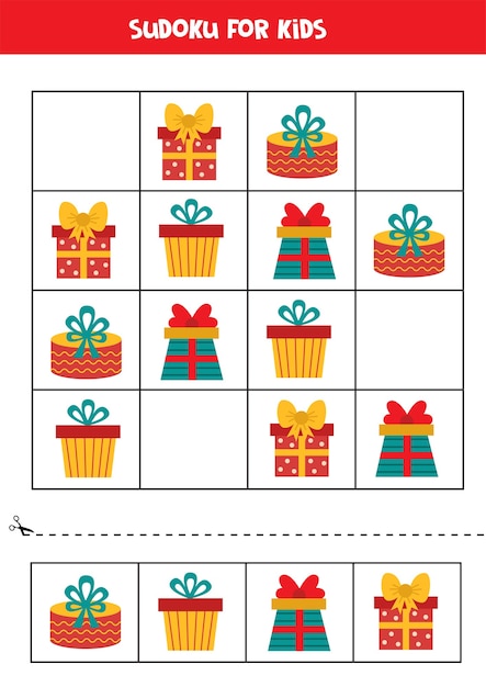 Sudoku voor kinderen met kleurrijke kerstdozen. educatief logisch spel voor kinderen.