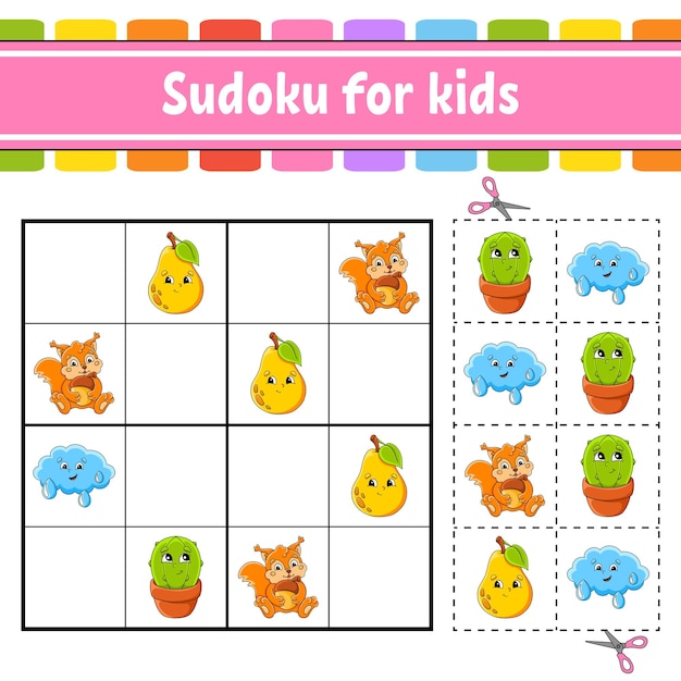 Sudoku voor kinderen Onderwijs ontwikkelen werkblad Activiteitenpagina met foto's Puzzelspel voor kinderen Logisch denken training