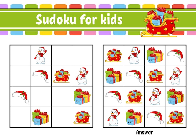 Sudoku voor kinderen. onderwijs ontwikkelen werkblad. kerst thema.