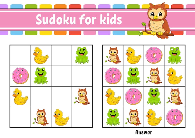 Sudoku voor kinderen Onderwijs ontwikkelen werkblad stripfiguur Kleur activiteitenpagina Puzzelspel voor kinderen