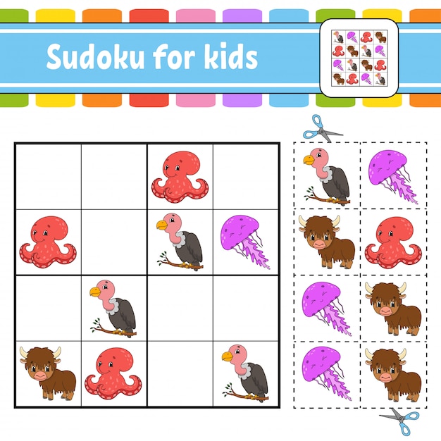 Sudoku voor kinderen. onderwijs ontwikkelt werkblad. activiteitenpagina met afbeeldingen.