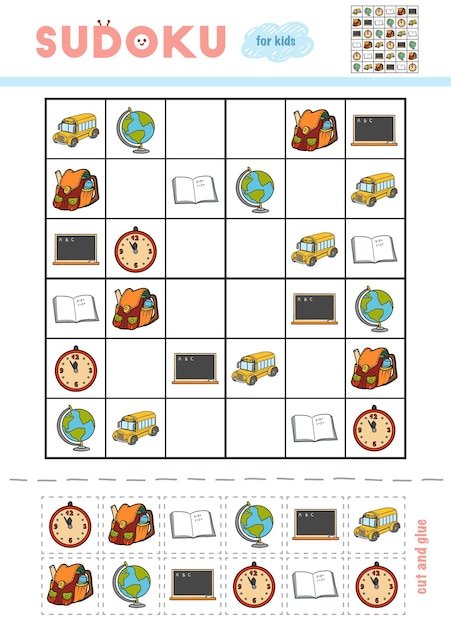 Sudoku voor kinderen onderwijs spel Cartoon set school objecten Gebruik schaar en lijm