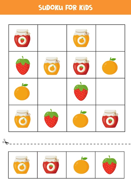 Sudoku voor kleuters. Logisch spel met cartoon jampotten en fruit.