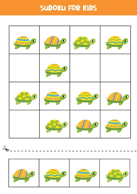 Sudoku voor kleuters. logisch spel met schattige kleurrijke schildpadden.