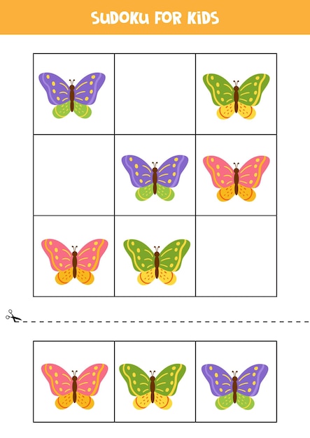 Sudoku with cute butterflies for preschool kids educational worksheet