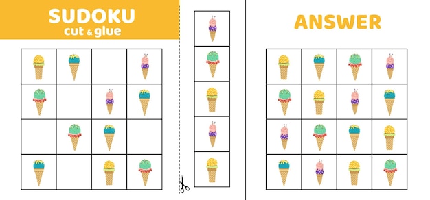 Судоку с четырьмя мороженым в вафлином конусе Игра головоломка для детей Резать и клеить Карикатура плоский изолированный вектор eps 10