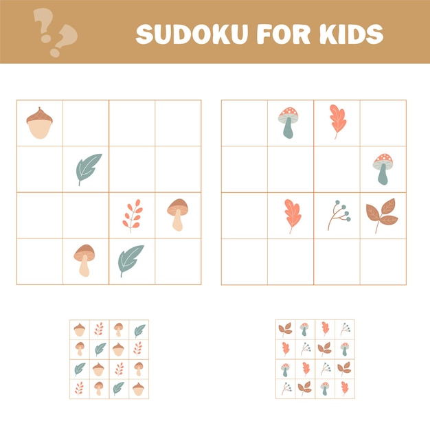 Vector sudoku with pictures is education game autumn theme