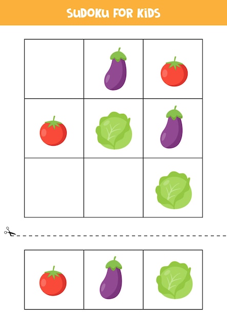 Sudoku con tre immagini per bambini in età prescolare. gioco logico con verdure carine.