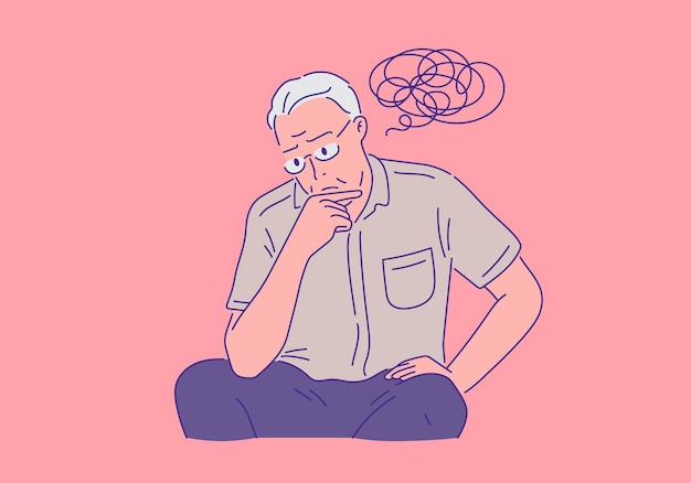 Suffering elderly man with thoughtful pose illustration retirement concept