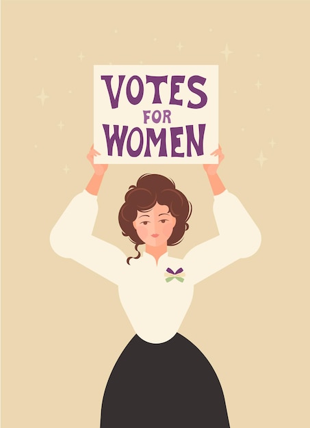 A suffragette stands with a "Rights for Women" poster, 1920s. The ribbon on the chest is white, green and purple. Solidarity and strength.  flat illustration.