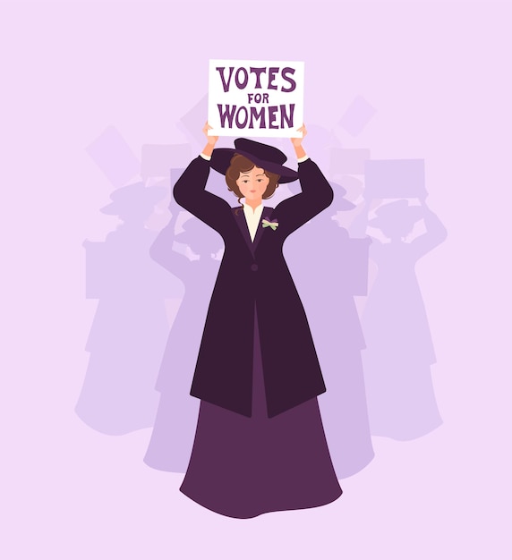 A suffragette woman in a coat and a hat leads the crowd with a 