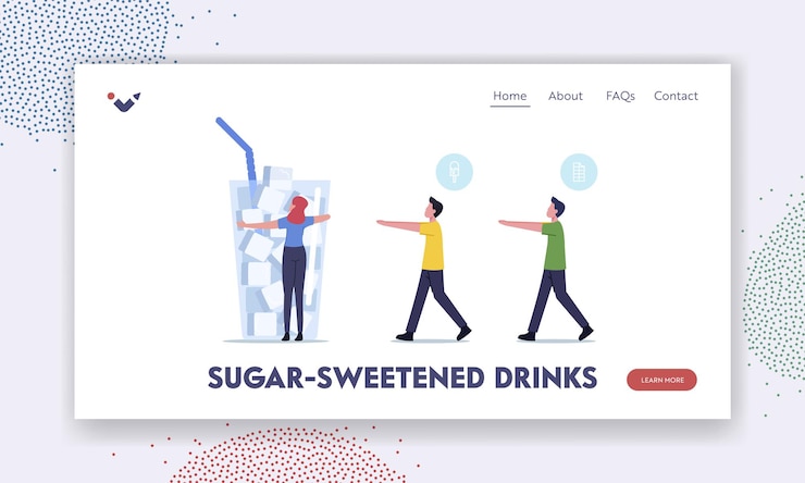 Vector sugar, consumption, addiction landing page template. tiny characters walk like zombie to huge glass with sugar cubes. people addict of overdose glucose eating problem. cartoon vector illustration