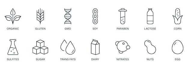 설탕, 옥수수, GMO, 유제품, 질산염, 트랜스 지방, 콩, 우유, 계란, 파라벤, 글루텐 및 견과류 기호 세트