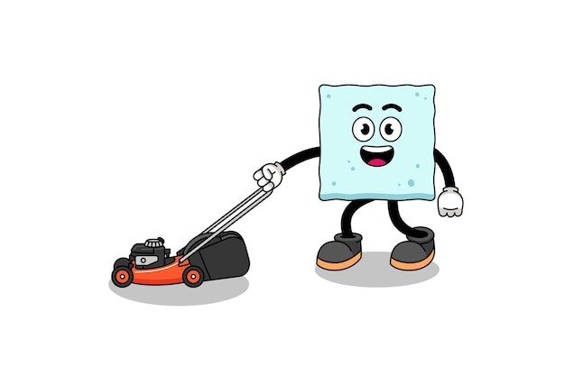 Sugar cube illustration cartoon holding lawn mower character design