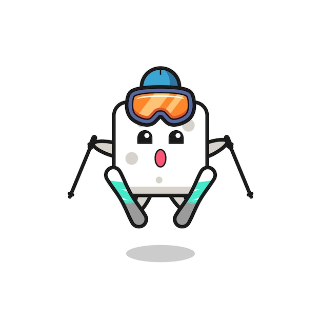 Персонаж талисмана сахарного куба в качестве лыжника, милый стиль дизайна для футболки, наклейки, элемента логотипа