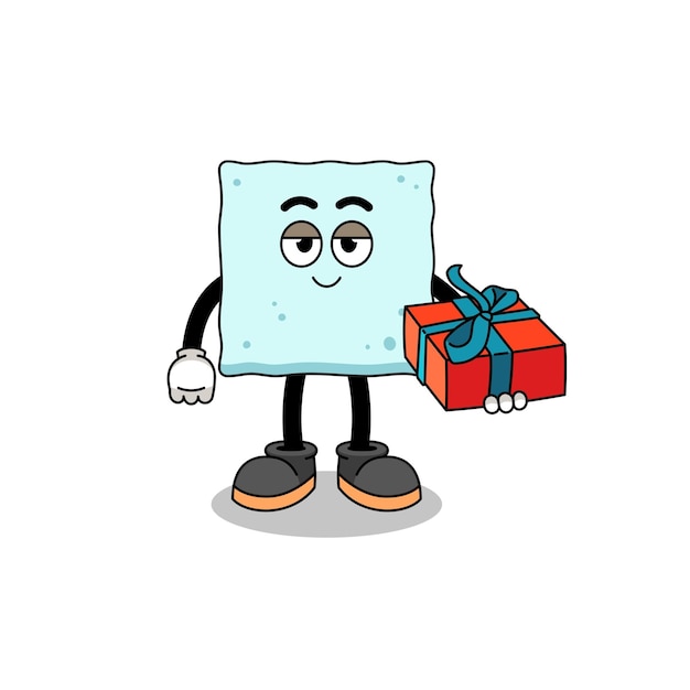 Sugar cube mascot illustration giving a gift character design