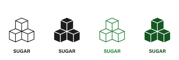 Sugar Cubes Line and Silhouette Icon Set Low Glucose Green and Black Pictogram Healthy Sweet Vegan