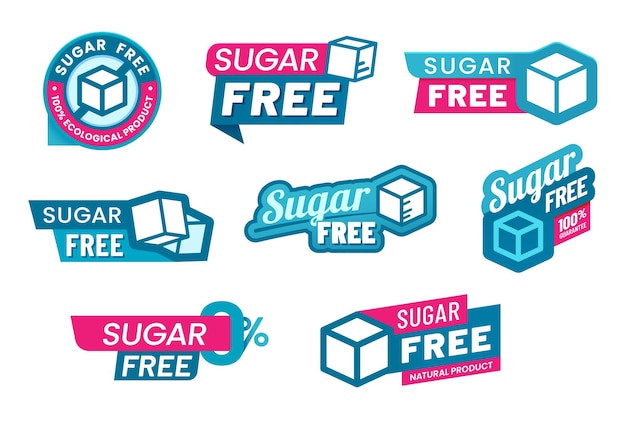 Sugar free icons and labels low and zero sugar food stamps vector sighs no added sugar product signs and tags for low calorie natural sweet food and zero sugar free