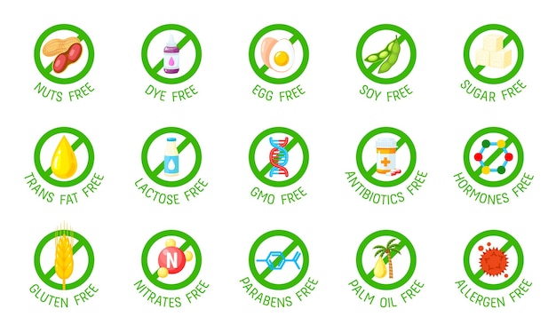 Vector sugar gluten gmo lactose free icons and symbols