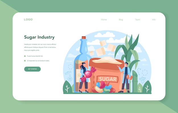 Sugar production industry web banner or landing page. saccharose and fructose extracted from sugar cane and sugar beet. crop cultivation, harvesting and processing. flat vector illustration