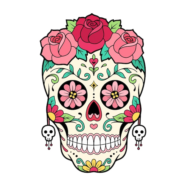 Maschera del giorno del giorno del teschio di zucchero con illustrazione di fiori di rosa