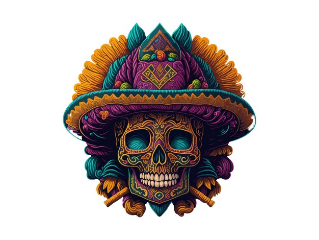 Кукурузный череп День дня Мексиканский музыкальный фестиваль Череп с мексиканской иллюстрацией вектора шляпы