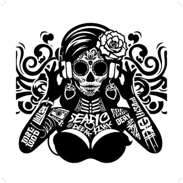 Vector sugar skull girl silhouette horror character in graffiti tag hip hop street art typography illustration