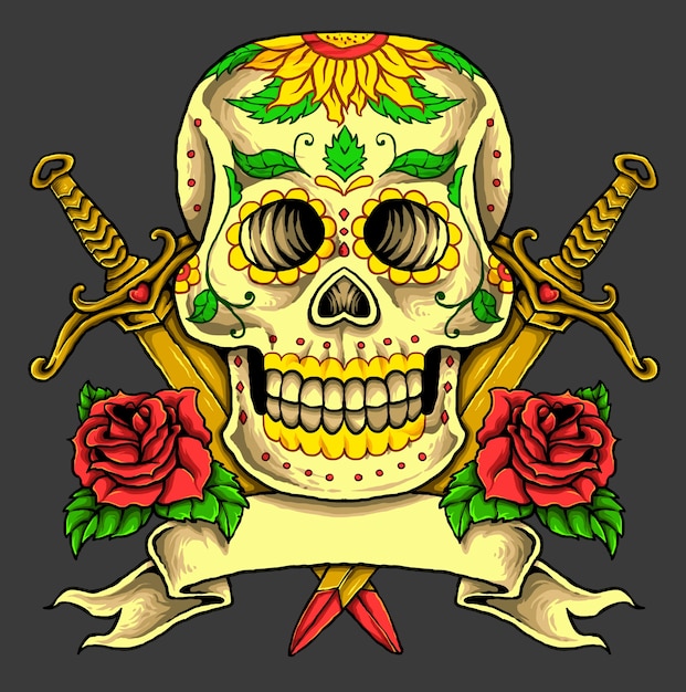 Sugar skull mexican traditional tattoo