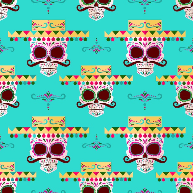 Vector sugar skull pattern background.