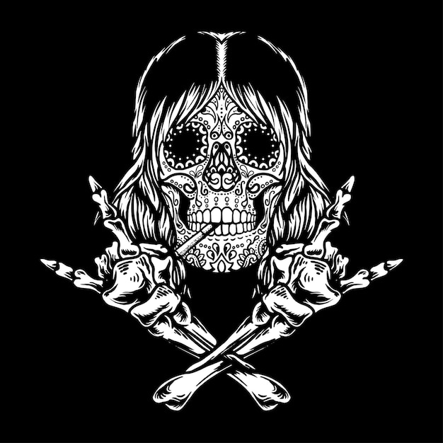 Vector sugar skull rock and roll isolated black background