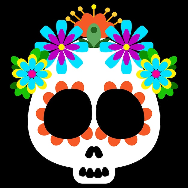 Sugar skull with bright mexican flowers