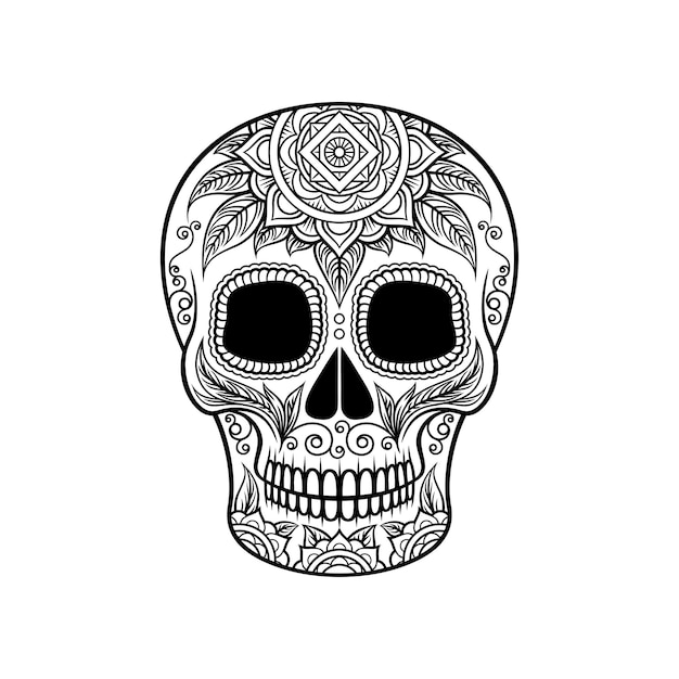 Sugar skull with floral ornament Dia de Muertos black and white vector Illustration tattoo sketch