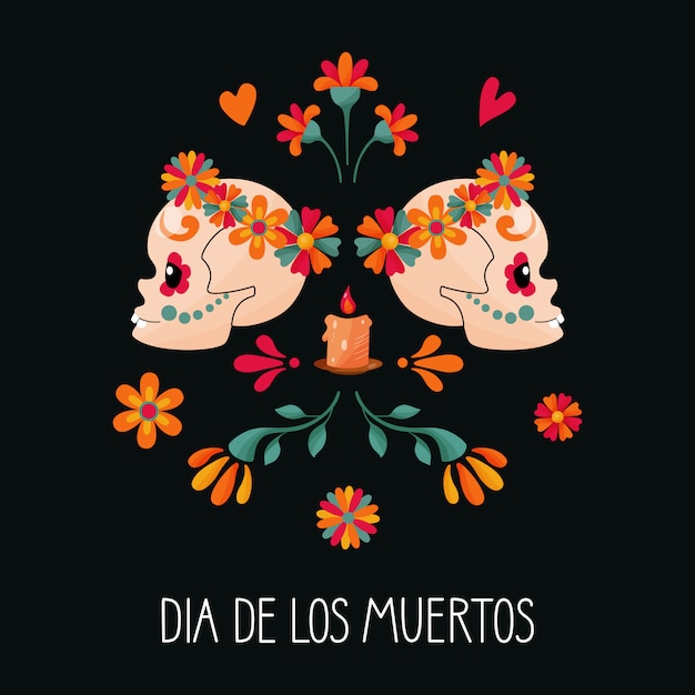 sugar skulls and floral decoration on the dark background. Day of the dead. Dia de los Muertos.