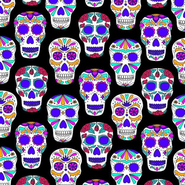 Sugar skulls seamless pattern Traditional mexican ornament vector illustration Day of the dead symbol