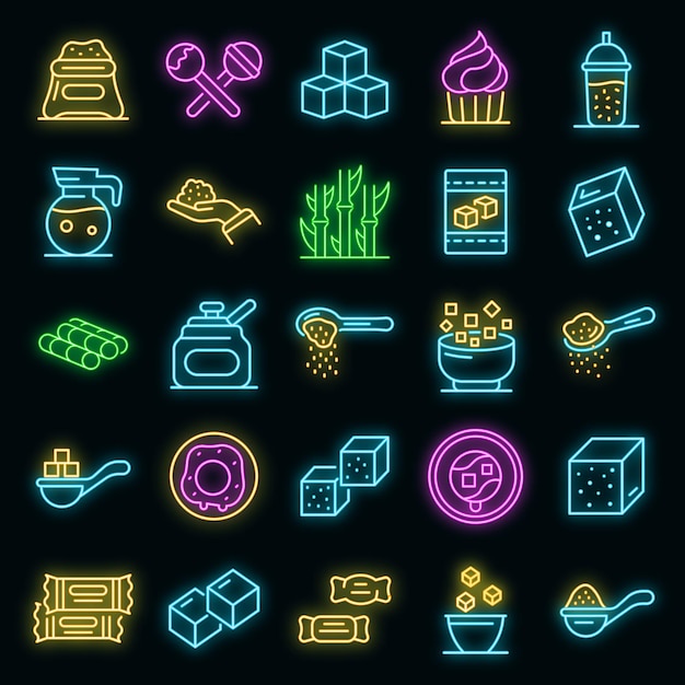 Suiker pictogrammen instellen. Overzicht set van suiker vector iconen neon kleur op zwart