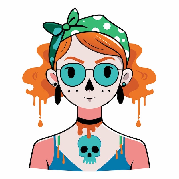 Suiker schedel dag van het dode meisje met de hand getekende cartoon sticker icoon concept geïsoleerde illustratie