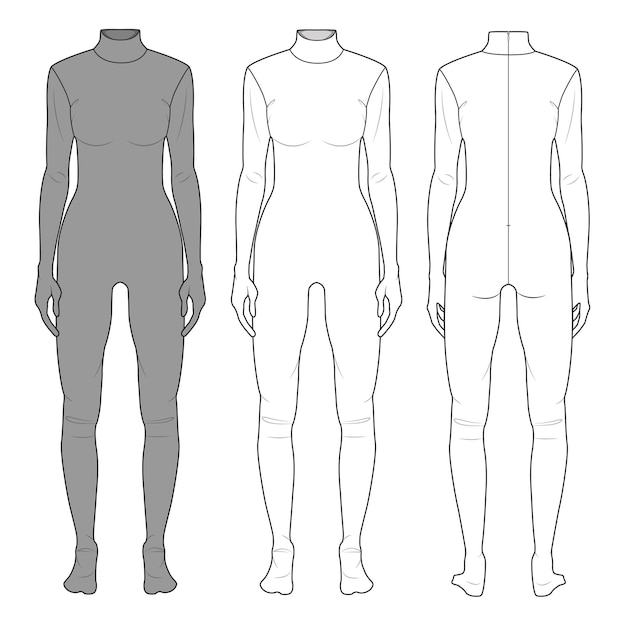 Premium Vector  Suit women full body bodysuits turtle neck long sleeve  back zip up flat drawing template