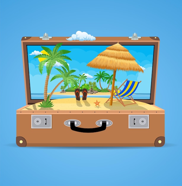 Suitcase and accessories travel. holidays on the beach concept.