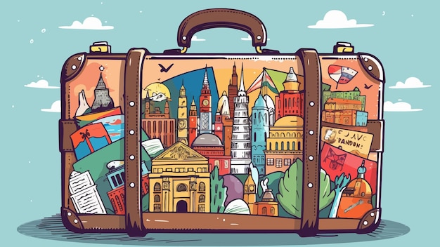 A suitcase adorned with stickers of landmarks from various countries against the backdrop of a world map featuring popular tourist destinations