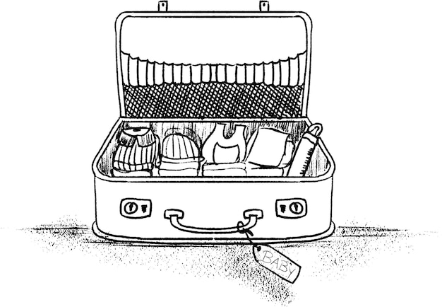 Vettore borsa della valigia per l'illustrazione disegnata a mano di vettore neonato del bambino