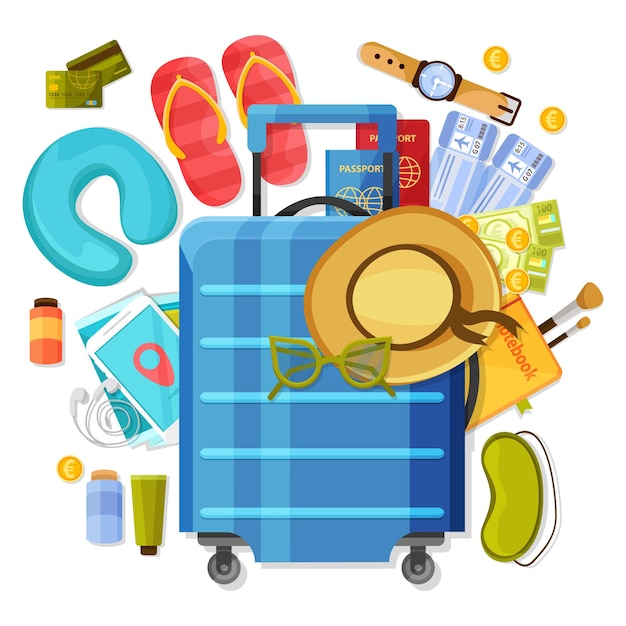 Vector suitcase composition of tourists clothes and accessories illustration