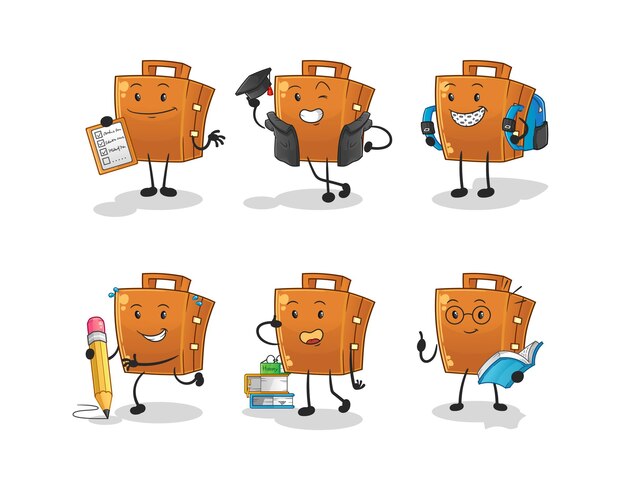 Suitcase education set character. cartoon mascot vector