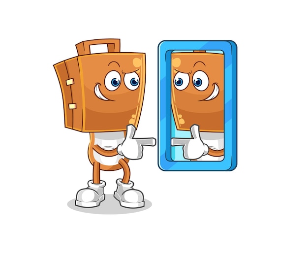 Suitcase head looking into mirror cartoon cartoon mascot vector