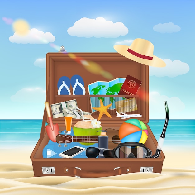 ビーチで旅行するスーツケース