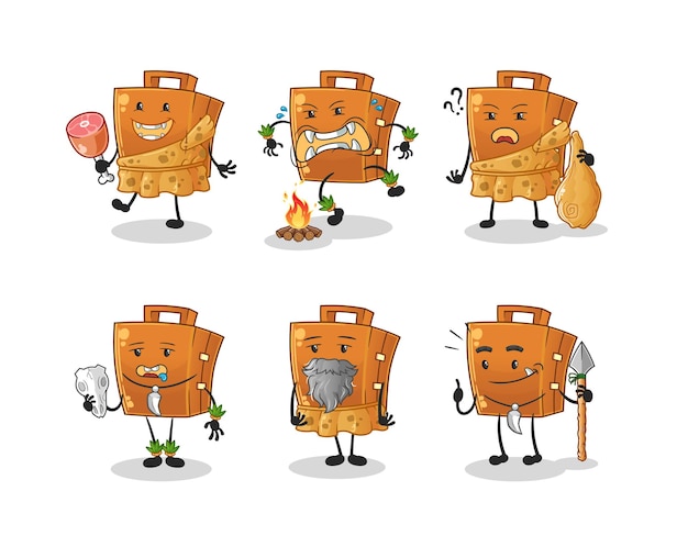 Suitcase primitive man group character. mascot vector