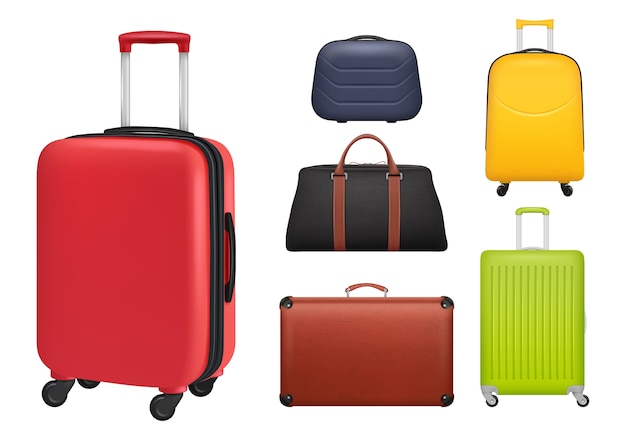 Suitcase realistic. luggage tourists fashioned colored objects bags for travelers. illustration baggage and luggage