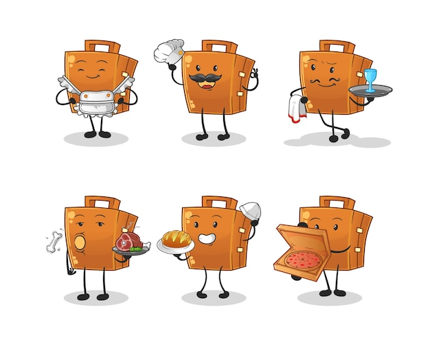 Suitcase restaurant group character. cartoon mascot vector