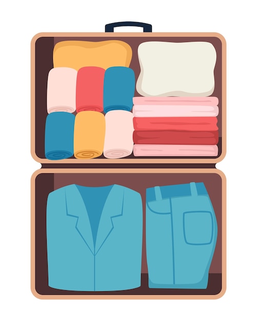 Suitcase with packed clothes for travel in top view Clothing footwear